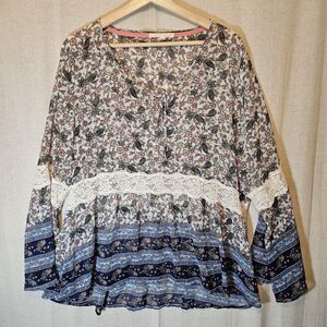 Hint of Mint Cream Blue Orange Floral Print Bell Sleeve Sheer Lace Insets XL